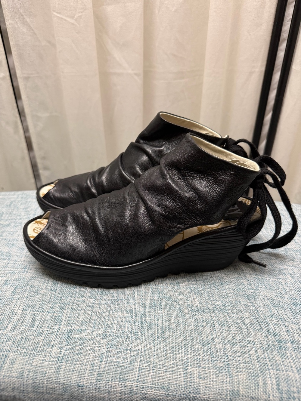 Fly London Black Leather Open-Toe Ankle Booties with Back Tie